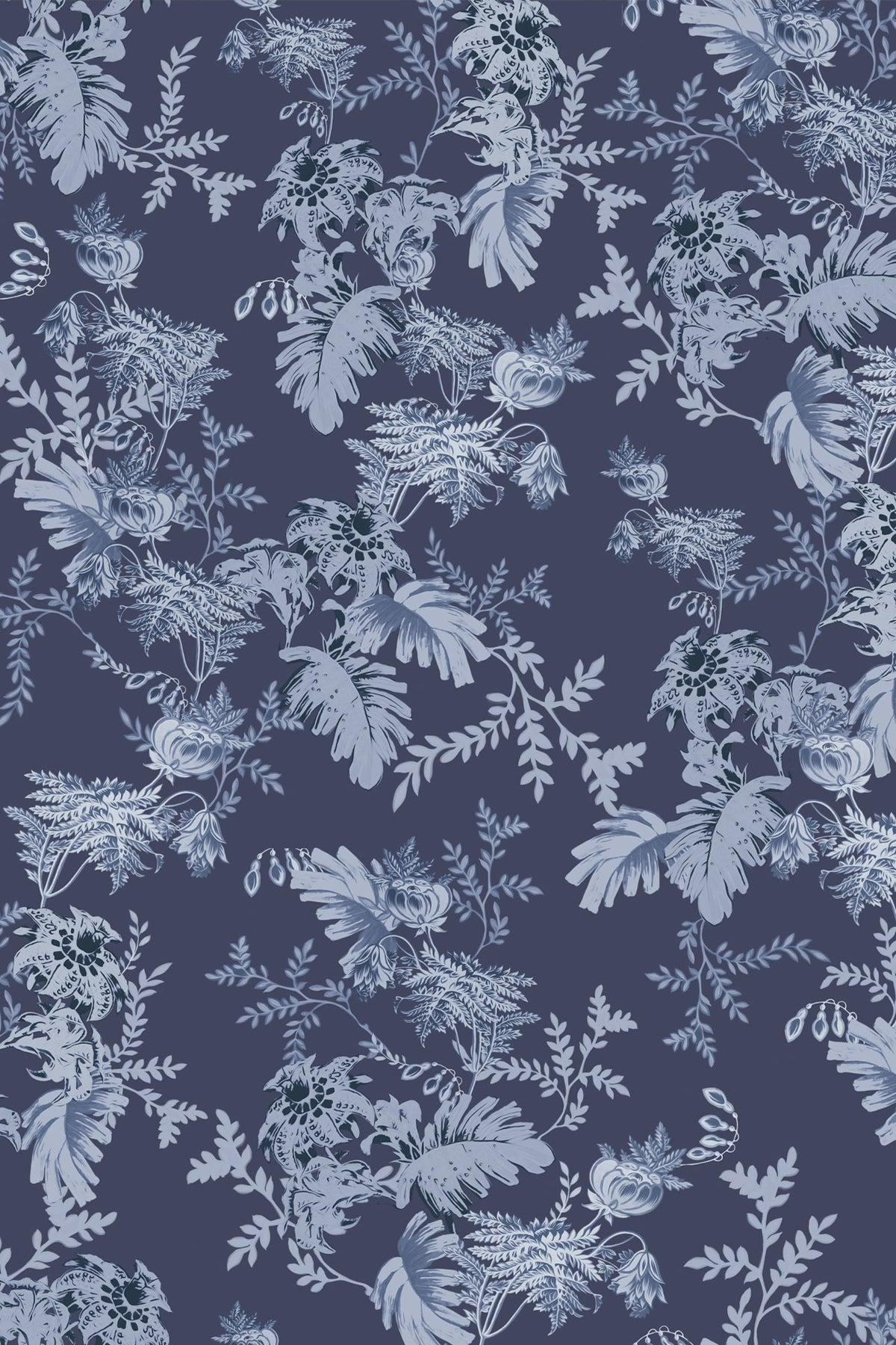 A repeating botanical toile-style pattern in pale blue and white over a dark navy background, with leaves, flowers, and vines filling the frame.