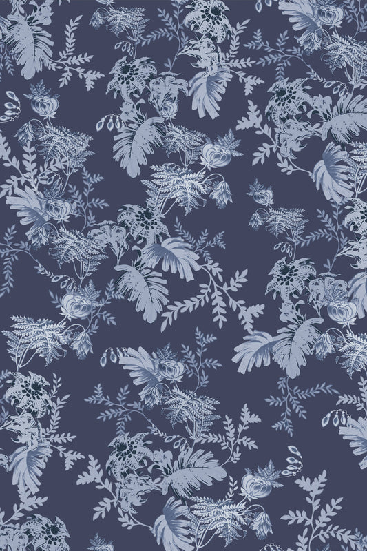 A repeating botanical toile-style pattern in pale blue and white over a dark navy background, with leaves, flowers, and vines filling the frame.
