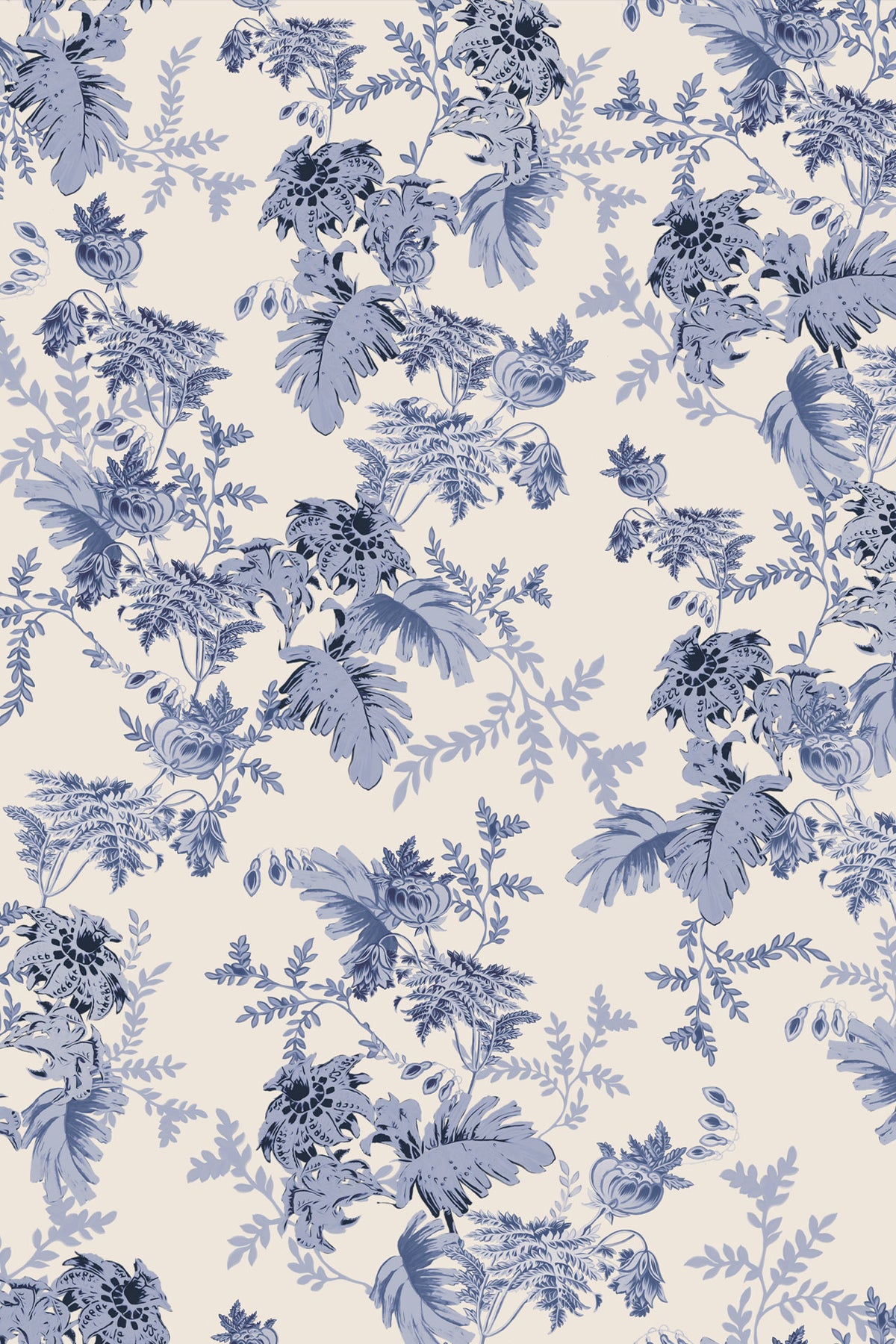 A repeating floral toile pattern in muted blue on a warm off-white background.