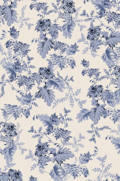 A repeating floral toile pattern in muted blue on a warm off-white background.