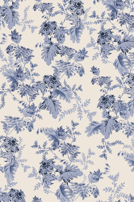 A repeating floral toile pattern in muted blue on a warm off-white background.