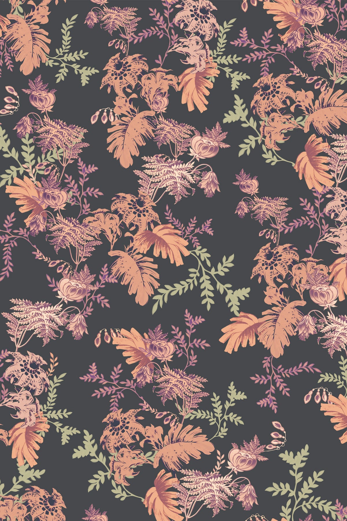 A repeating botanical pattern featuring orange, dusty pink, and sage green leaves and flowers on a dark charcoal gray background.