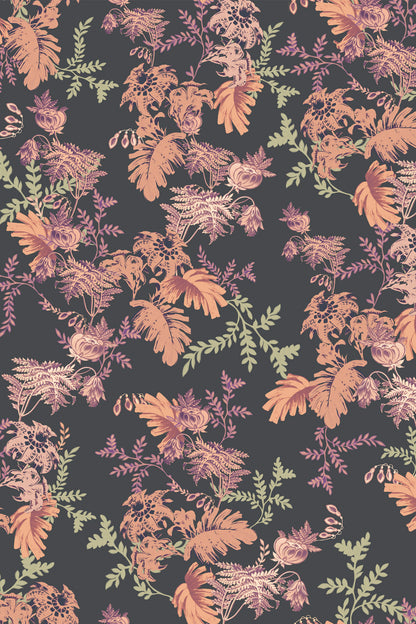 A repeating botanical pattern featuring orange, dusty pink, and sage green leaves and flowers on a dark charcoal gray background.