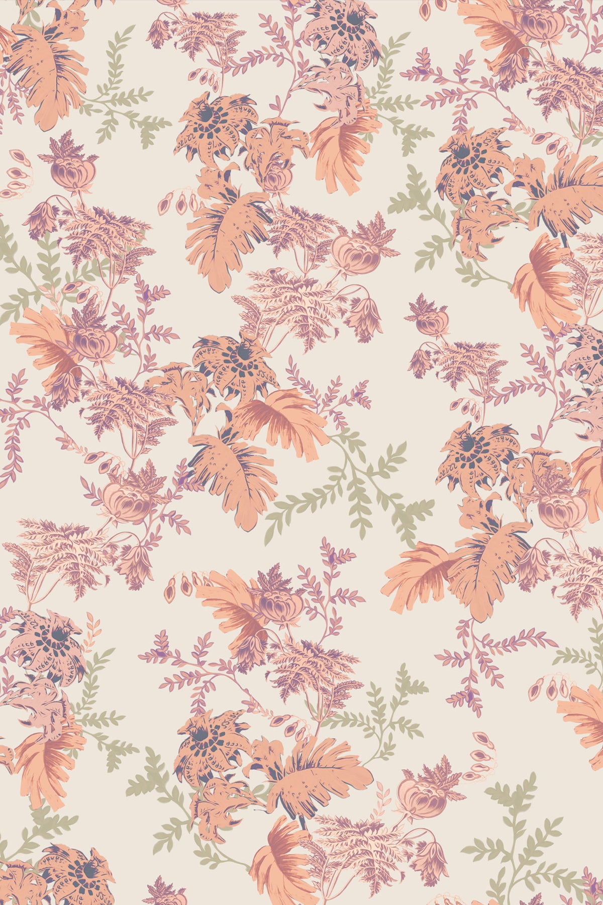 A repeating floral pattern featuring muted orange, dusty pink, and sage green botanical motifs on a warm cream background.