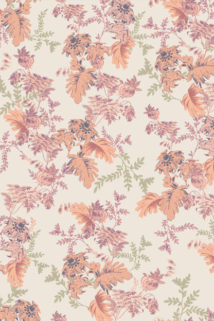 A repeating floral pattern featuring muted orange, dusty pink, and sage green botanical motifs on a warm cream background.