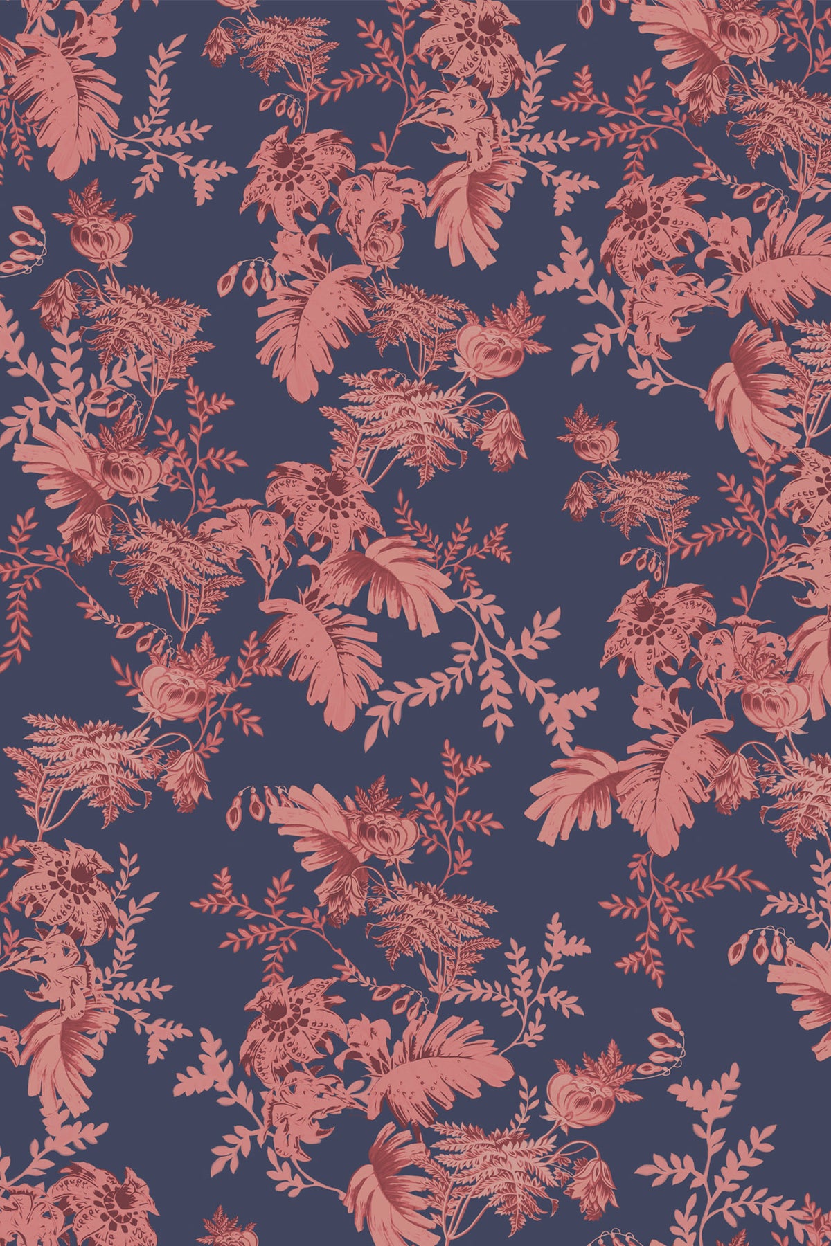 A repeating botanical pattern featuring dusty rose floral and leaf motifs on a dark navy blue background.