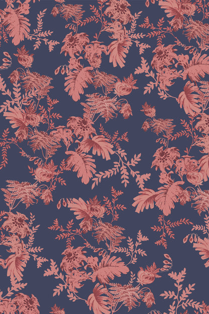 A repeating botanical pattern featuring dusty rose floral and leaf motifs on a dark navy blue background.
