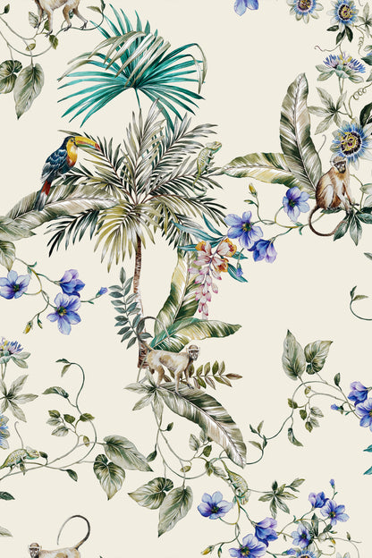 Jungle-themed wallpaper pattern featuring a palm tree, toucan, monkeys, blue flowers, and green foliage on a warm cream background.
