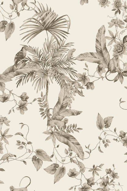 Jungle-themed wallpaper featuring a detailed sepia-toned botanical pattern with palm trees, tropical leaves, flowers, and a bird on a warm cream background.
