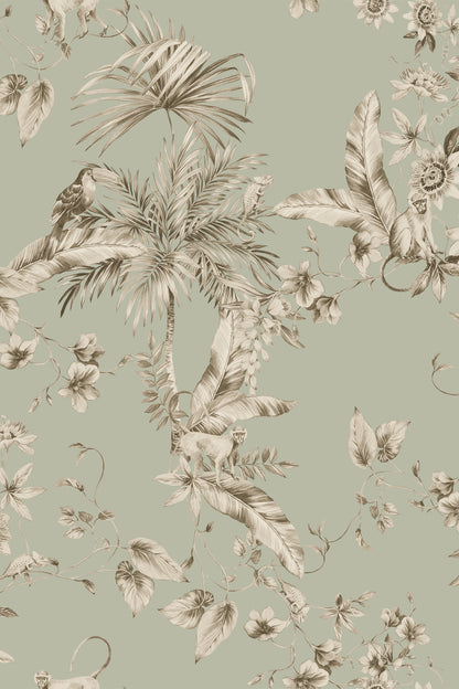 Jungle-themed wallpaper featuring a repeating toile pattern of palm trees, tropical leaves, flowers, and a parrot in muted beige and taupe tones on a sage green background.