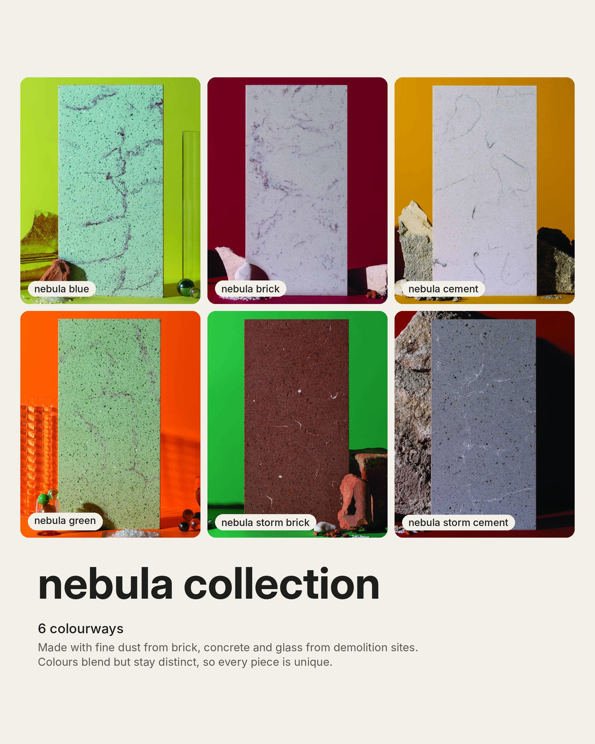 A product information graphic for the 'nebula collection' featuring six colorways of textured wall panels arranged in a 2x3 grid. The colors shown include lime green, burgundy, ochre, neon orange, green, and dark brown/gray.