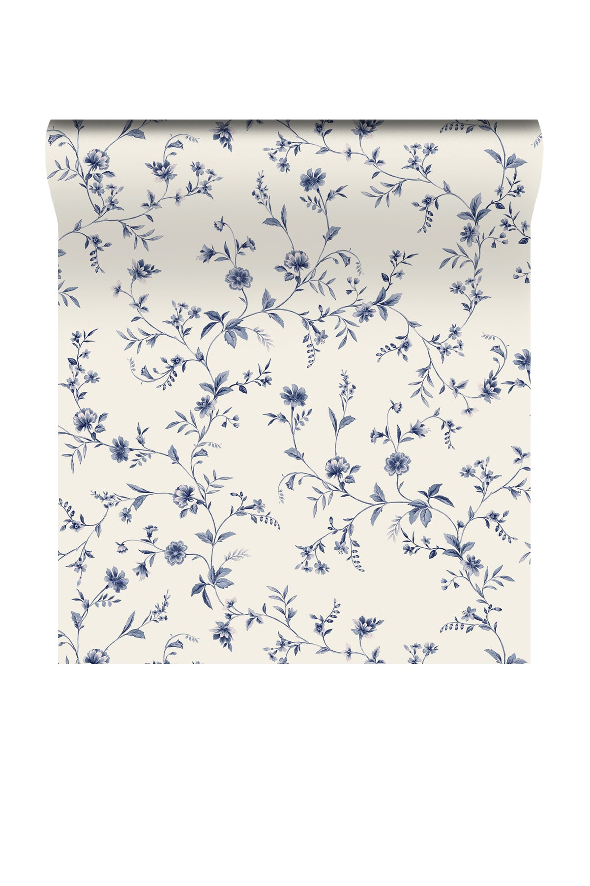 A roll of wallpaper with a delicate blue floral toile pattern on an off-white background, shown against a plain white studio backdrop.
