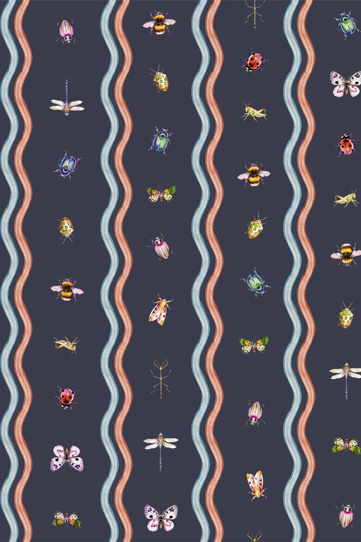 A repeating vertical pattern featuring colorful insects, butterflies, and dragonflies set against wavy vertical stripes in peach, light blue, and white on a dark navy background.