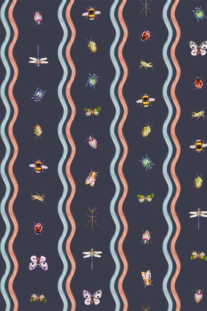 A repeating vertical pattern featuring colorful insects, butterflies, and dragonflies set against wavy vertical stripes in peach, light blue, and white on a dark navy background.