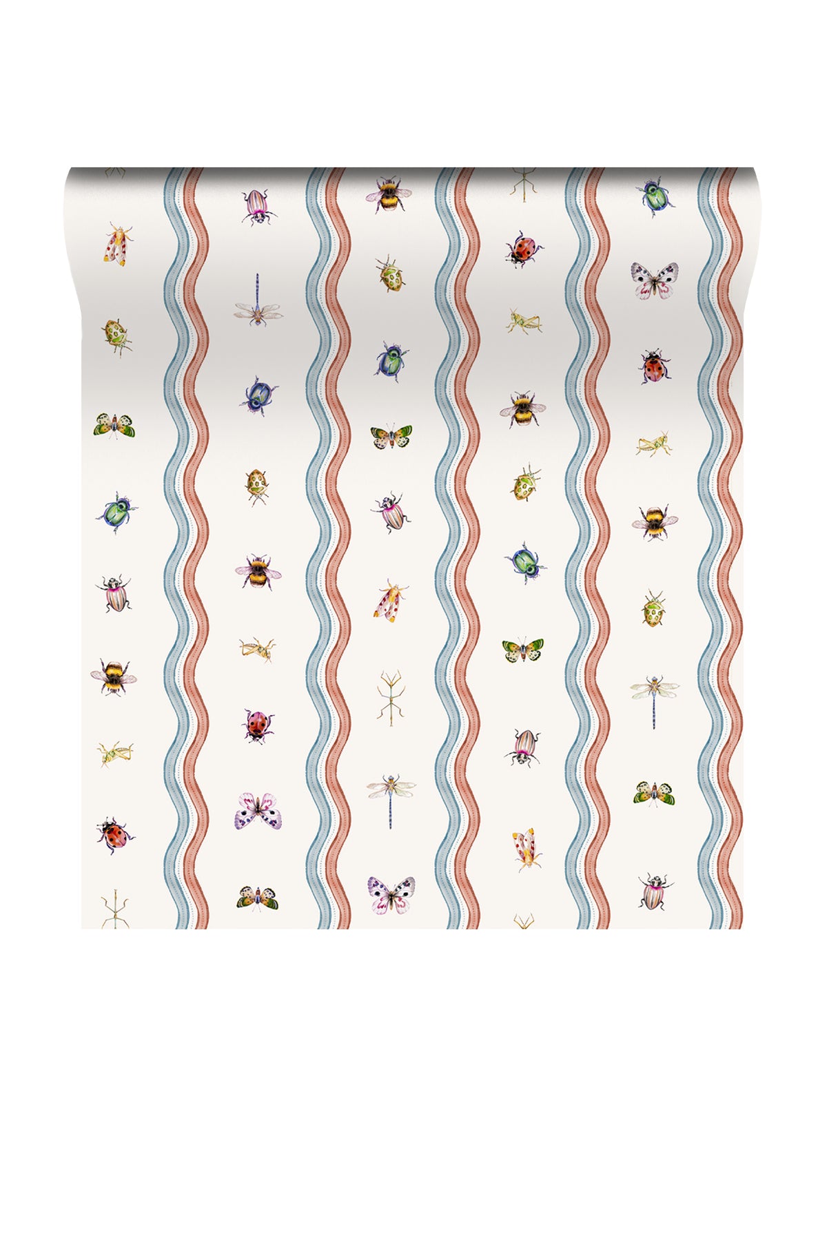 A roll of wallpaper with a repeating pattern of colorful insects and butterflies between vertical wavy stripes in dusty pink, light blue, and cream.
