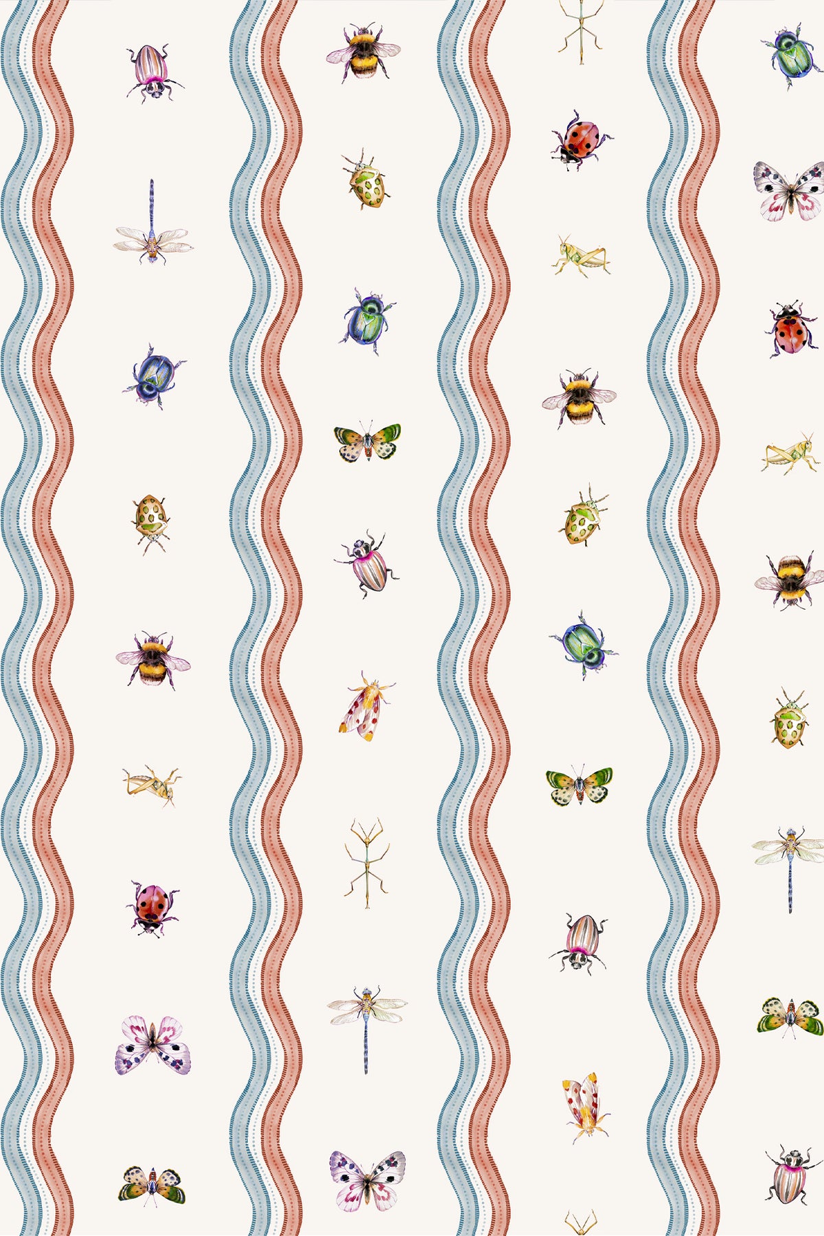 A repeating vertical pattern featuring wavy coral and light blue stripes on a warm off-white background, decorated with small illustrated insects such as bees, butterflies, ladybugs, dragonflies, and grasshoppers.