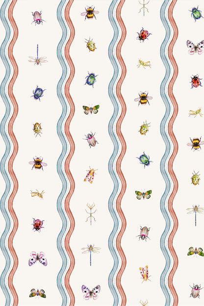 A repeating vertical pattern featuring wavy coral and light blue stripes on a warm off-white background, decorated with small illustrated insects such as bees, butterflies, ladybugs, dragonflies, and grasshoppers.