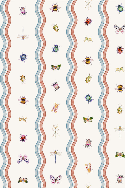 A repeating vertical pattern featuring wavy coral and light blue stripes on a warm off-white background, decorated with small illustrated insects such as bees, butterflies, ladybugs, dragonflies, and grasshoppers.
