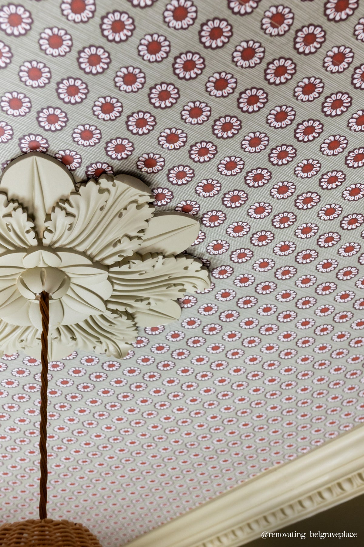 A close-up of a patterned ceiling with repeating small floral motifs in red, white, and gray, plus part of a large white decorative ceiling medallion and a woven pendant light visible at the lower left.