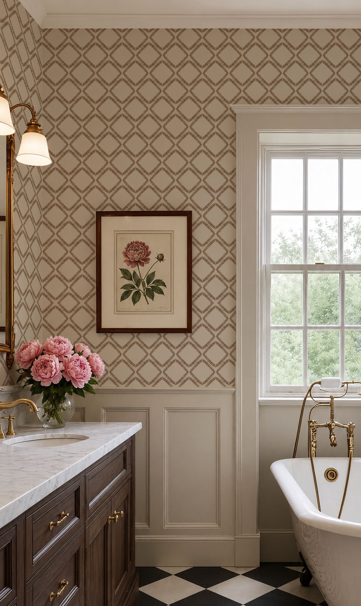 A classic bathroom interior featuring beige and brown geometric pattern wallpaper, white wainscoting, a dark wood vanity with a marble countertop, a white clawfoot tub with gold fixtures, and a black-and-white checkered floor.