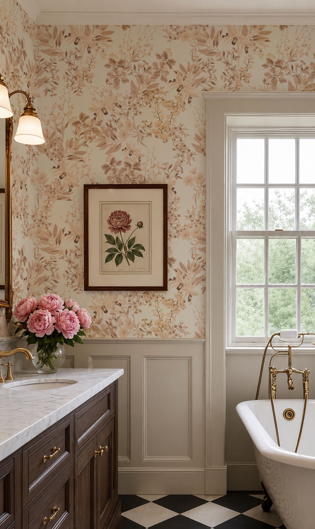 A classic vintage-style bathroom interior featuring floral wallpaper in beige and brown tones, a white wainscoted wall, a dark wood vanity with gold hardware, a window with a white frame, and a black-and-white checkered floor. A framed botanical print hangs on the wall above the sink.