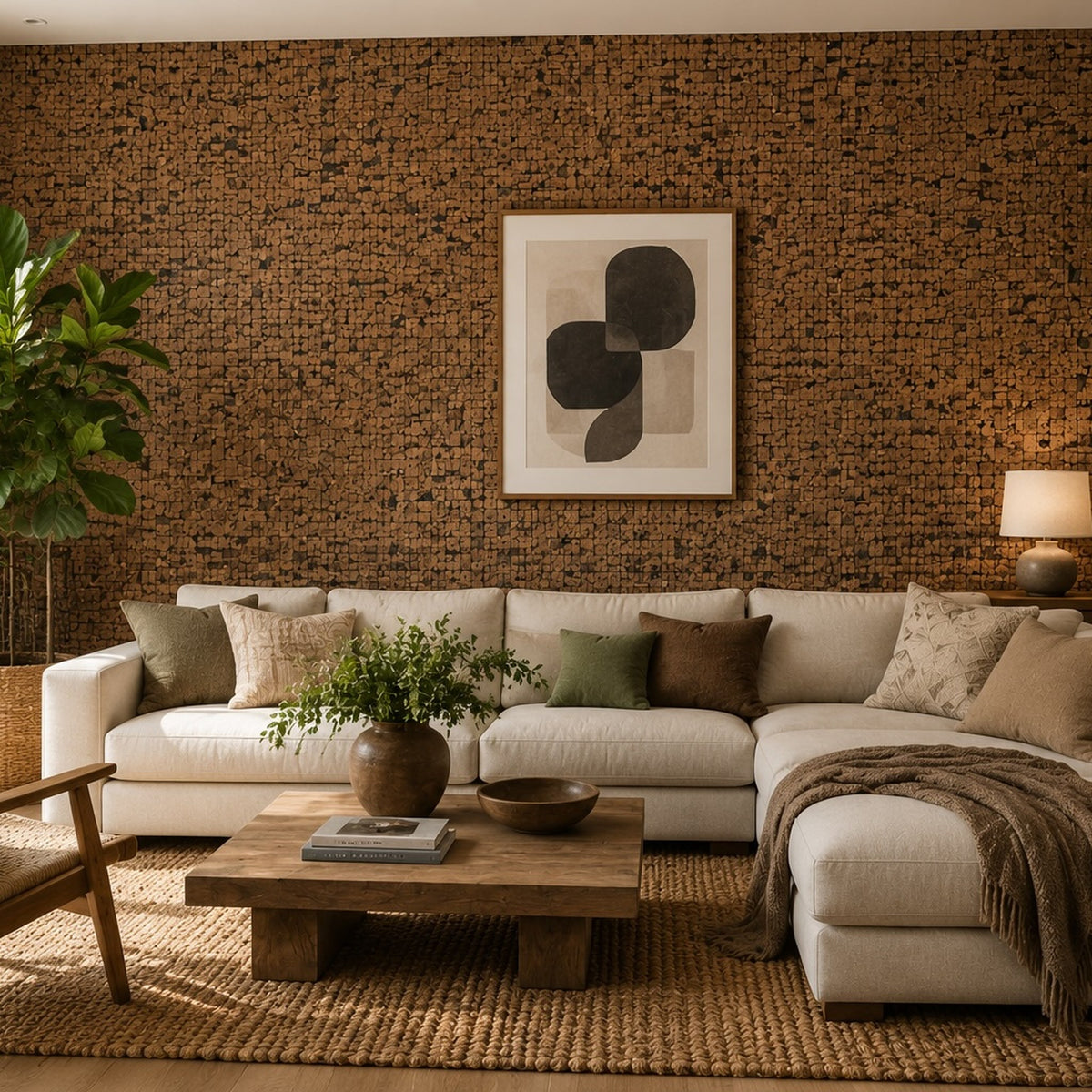 A styled living room featuring a textured brown cork wall, a white sectional sofa with neutral throw pillows, a wooden coffee table, and a large framed abstract art print on the wall.