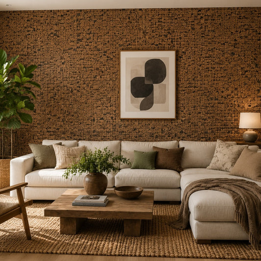A styled living room featuring a textured brown cork wall, a white sectional sofa with neutral throw pillows, a wooden coffee table, and a large framed abstract art print on the wall.