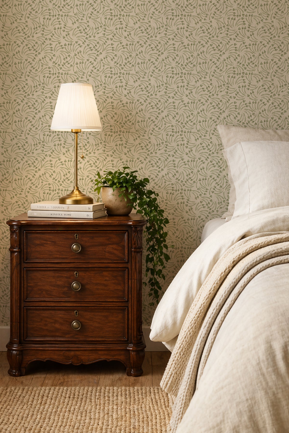 A warm, cozy bedroom scene featuring a dark brown wooden three-drawer nightstand with brass knobs, topped with a lit table lamp, books, and a small potted green plant. The nightstand stands next to a bed with white linens and a textured cream throw blanket, set against a wall with light beige patterned wallpaper.