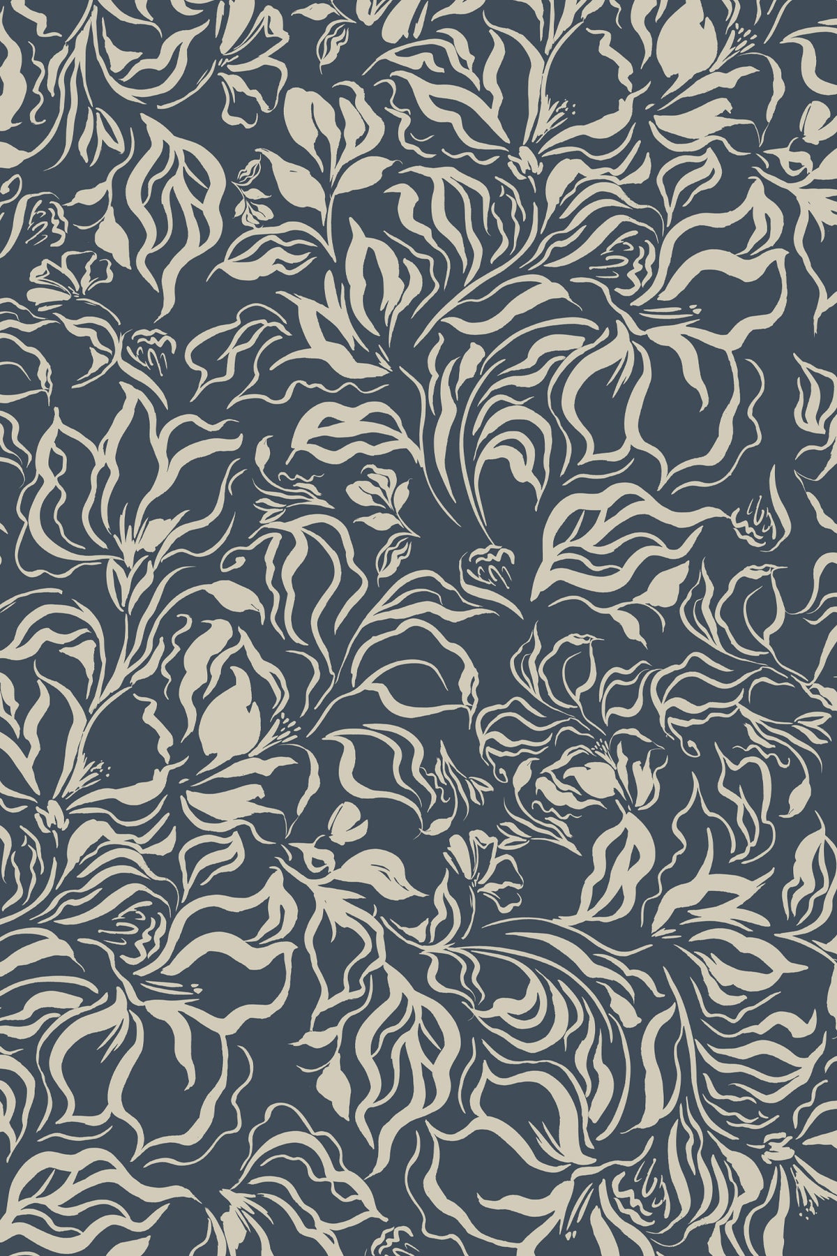A repeating botanical pattern with flowing floral and leaf motifs in warm cream on a dark navy blue background.