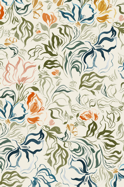 A repeating floral pattern with stylized flowers and leaves in muted blue, green, peach, and orange on an off-white background.