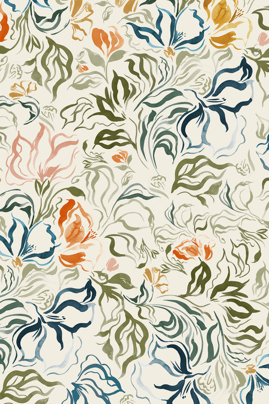 A repeating floral pattern with stylized flowers and leaves in muted blue, green, peach, and orange on an off-white background.