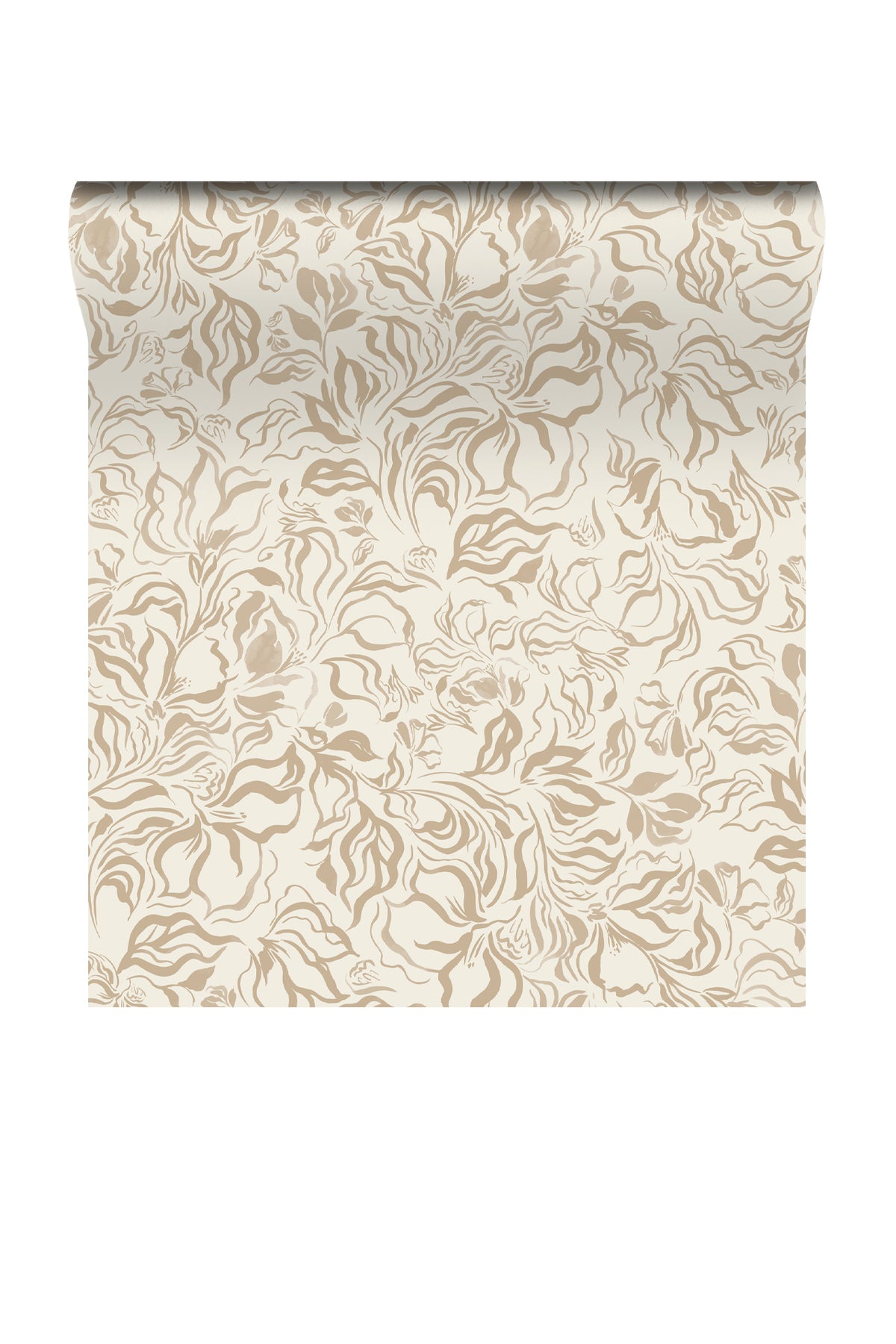 A roll of wallpaper with an elegant, repeating damask-style floral pattern in warm beige on an off-white background, shown against a plain white studio backdrop.