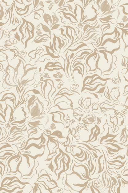 Beige and light brown damask wallpaper pattern with a classic vintage floral and scroll design.