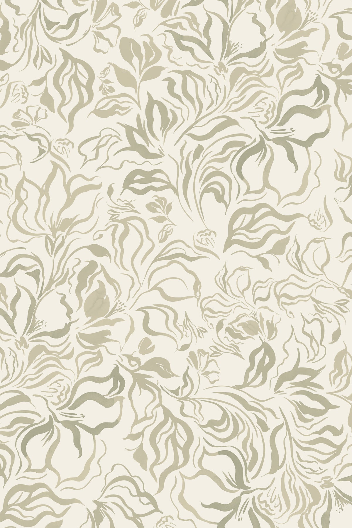 A repeating floral damask pattern in muted sage green and beige on a warm off-white background.