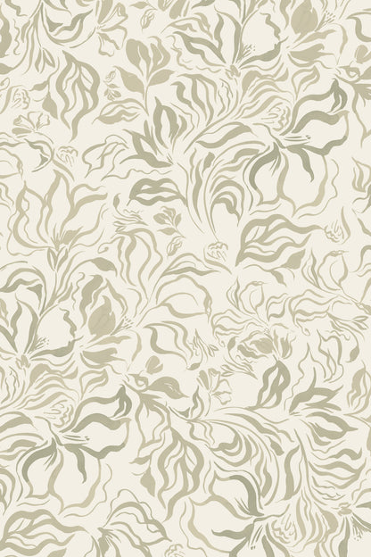 A repeating floral damask pattern in muted sage green and beige on a warm off-white background.