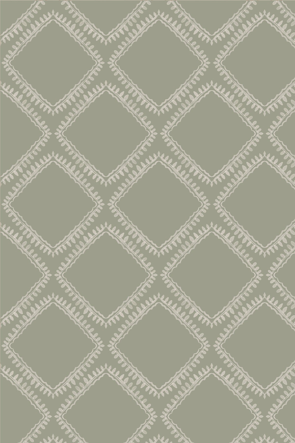 A close-up of a repeating geometric pattern featuring light beige diamond outlines and dotted border details on a muted sage green background.