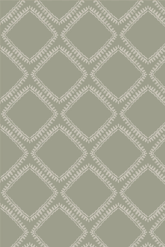 A close-up of a repeating geometric pattern featuring light beige diamond outlines and dotted border details on a muted sage green background.