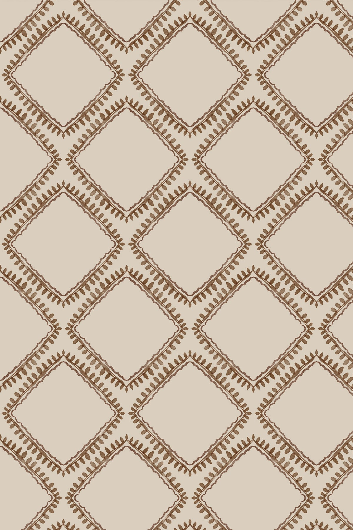 A repeating geometric pattern featuring interlocking diamond shapes outlined in brown on a warm beige background.