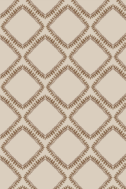 A repeating geometric pattern featuring interlocking diamond shapes outlined in brown on a warm beige background.
