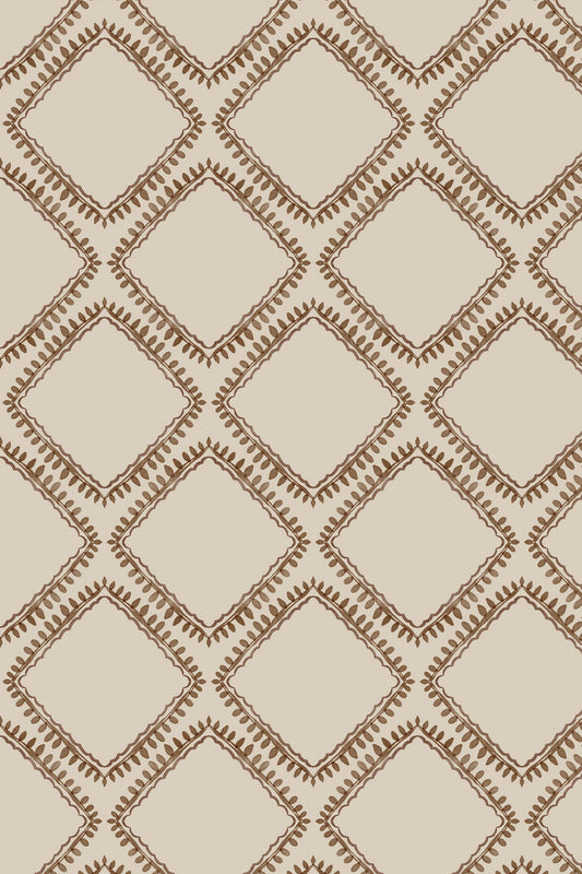 A repeating geometric pattern featuring interlocking diamond shapes outlined in brown on a warm beige background.
