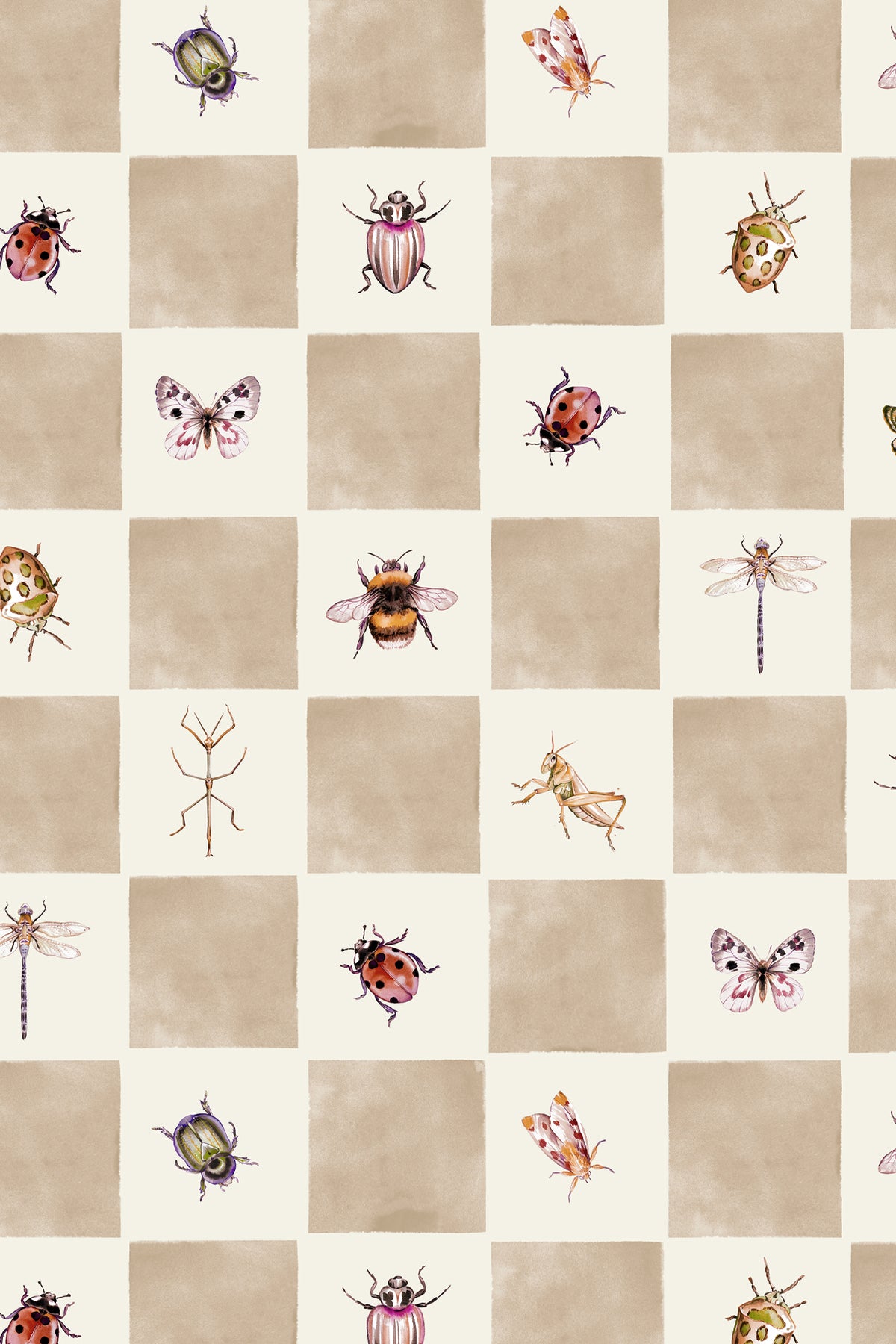 A repeating checkered pattern featuring alternating warm beige and cream squares, each decorated with a different insect illustration including ladybugs, butterflies, bees, dragonflies, and a stick figure.