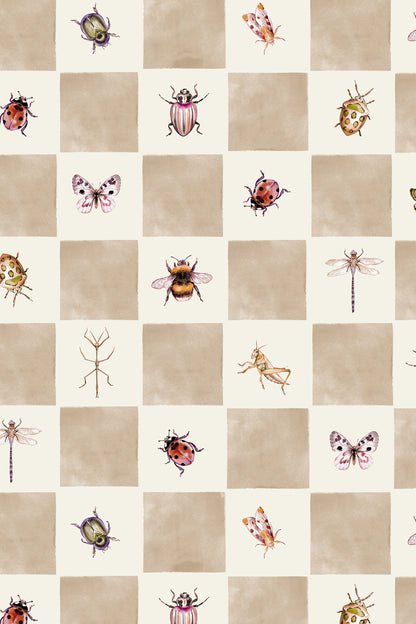A repeating checkered pattern featuring alternating warm beige and cream squares, each decorated with a different insect illustration including ladybugs, butterflies, bees, dragonflies, and a stick figure.