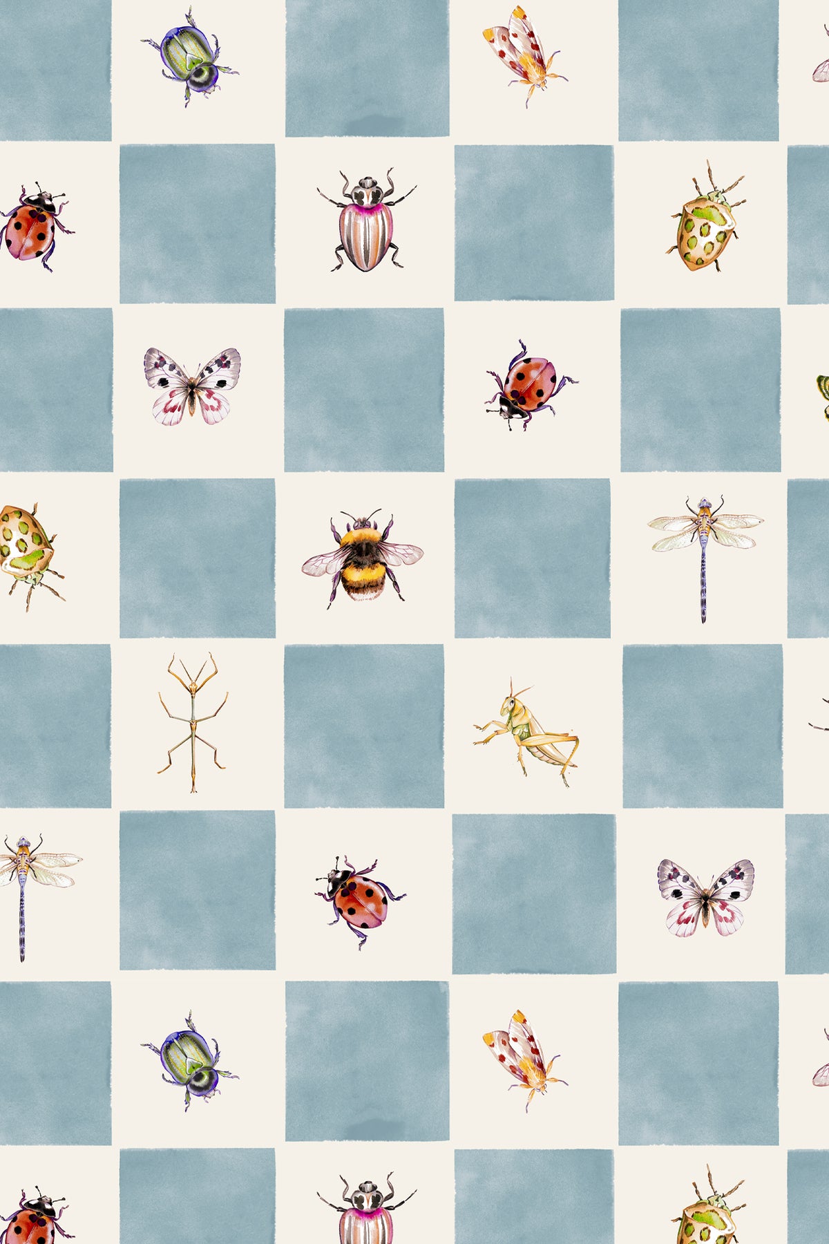 A repeating checkered pattern of light blue and off-white squares, each containing a different watercolor-style insect illustration including ladybugs, butterflies, bees, dragonflies, and a stick insect.