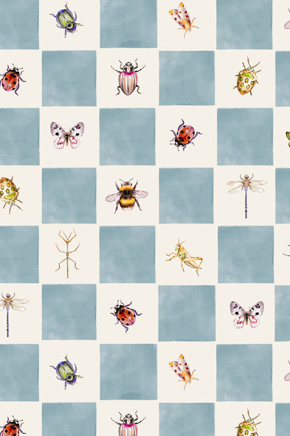 A repeating checkered pattern of light blue and off-white squares, each containing a different watercolor-style insect illustration including ladybugs, butterflies, bees, dragonflies, and a stick insect.
