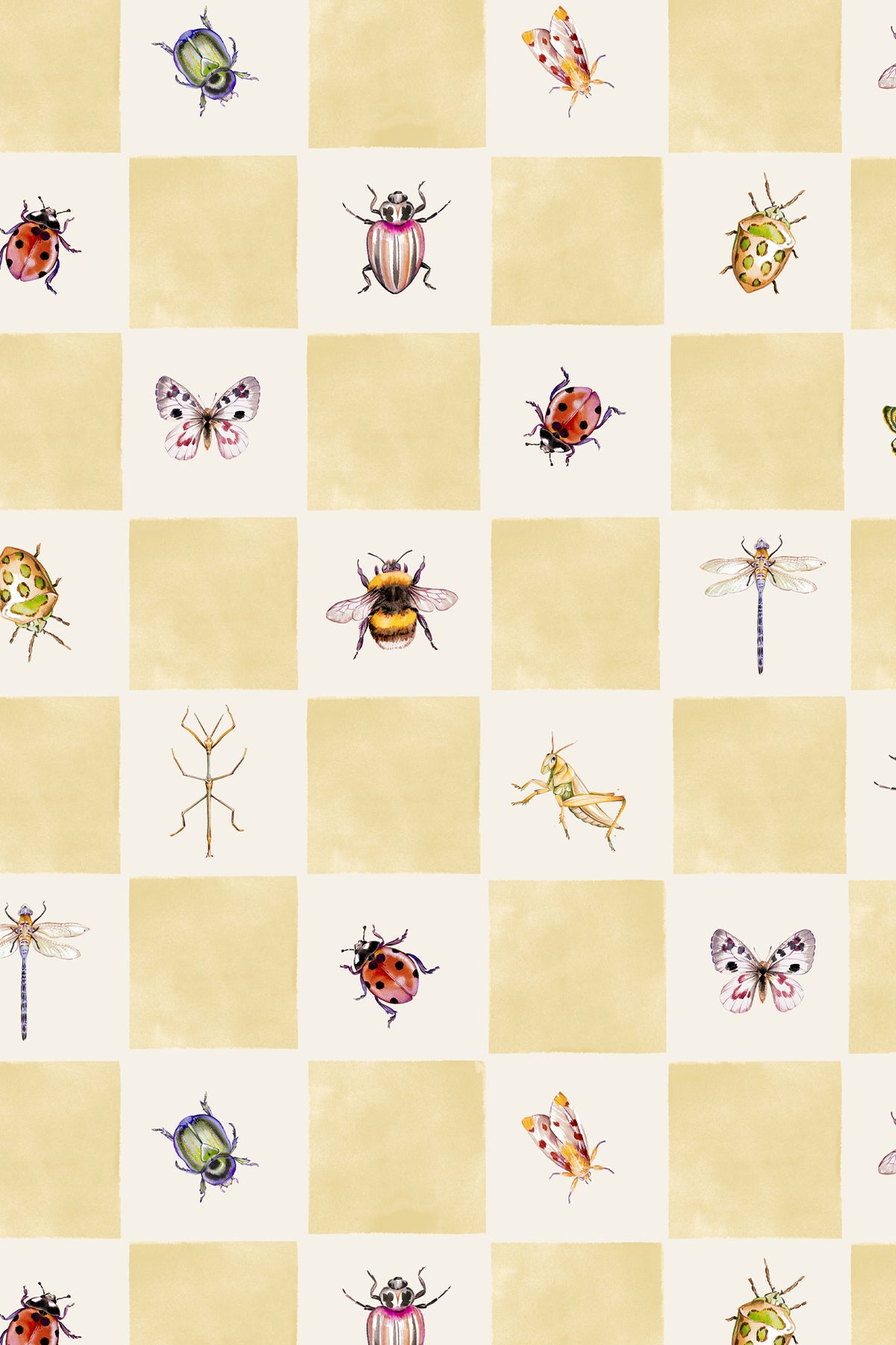 A repeating checkered pattern featuring alternating cream and pale yellow squares with illustrated insects such as ladybugs, butterflies, bees, dragonflies, and grasshoppers in soft watercolor tones.