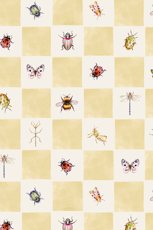 A repeating checkered pattern featuring alternating cream and pale yellow squares with illustrated insects such as ladybugs, butterflies, bees, dragonflies, and grasshoppers in soft watercolor tones.