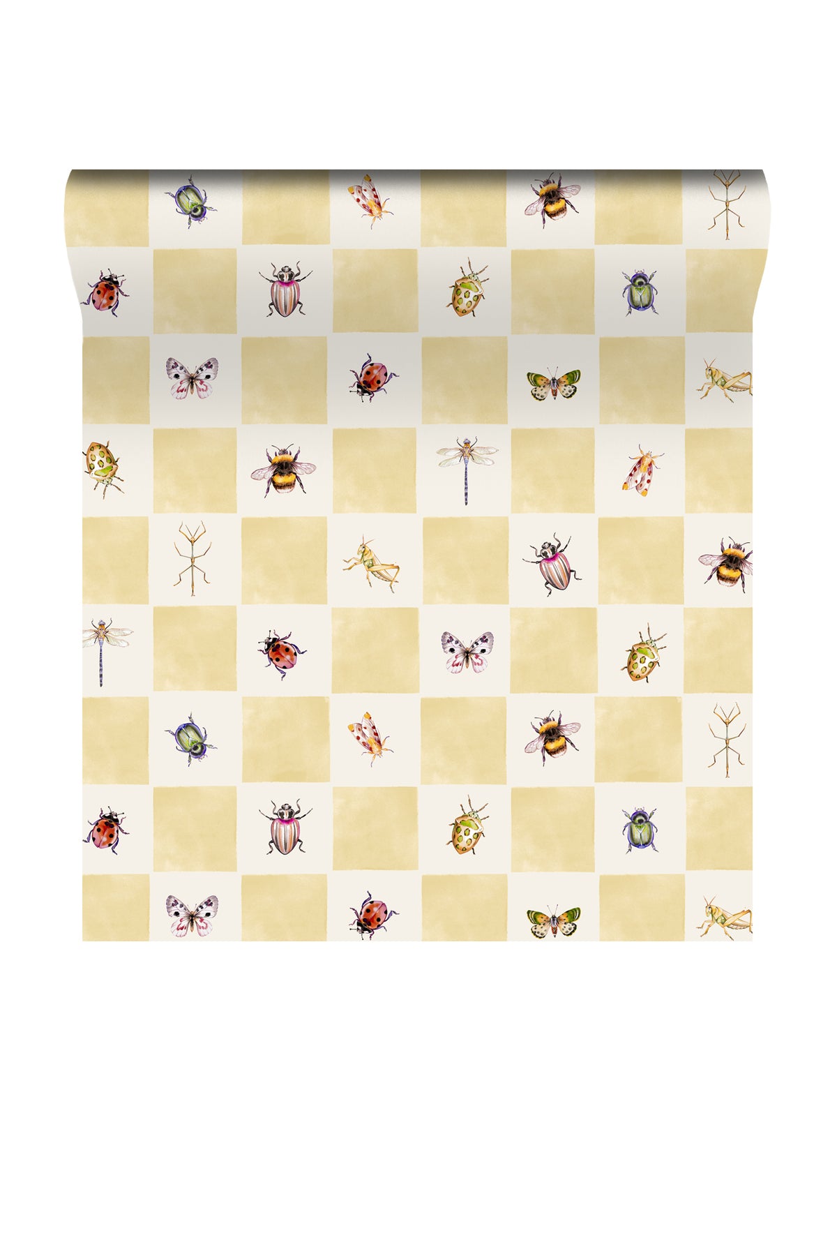 A roll of wallpaper featuring a cream and pale yellow checkerboard pattern decorated with small illustrated insects and flowers.