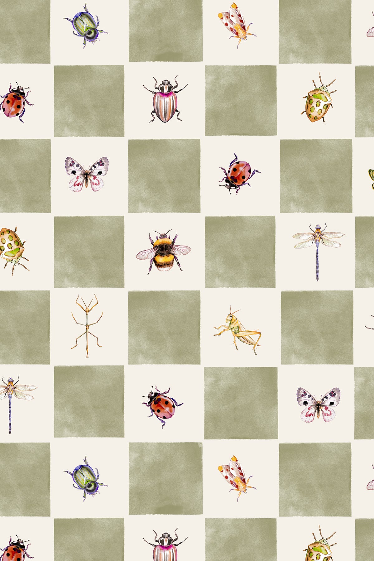 A repeating insect-themed checkered pattern featuring watercolor-style beetles, butterflies, ladybugs, dragonflies, and a stick insect on alternating sage green and warm cream squares.