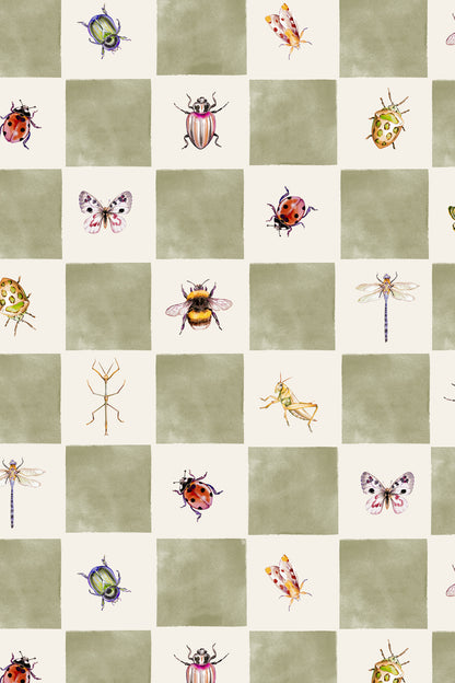 A repeating insect-themed checkered pattern featuring watercolor-style beetles, butterflies, ladybugs, dragonflies, and a stick insect on alternating sage green and warm cream squares.
