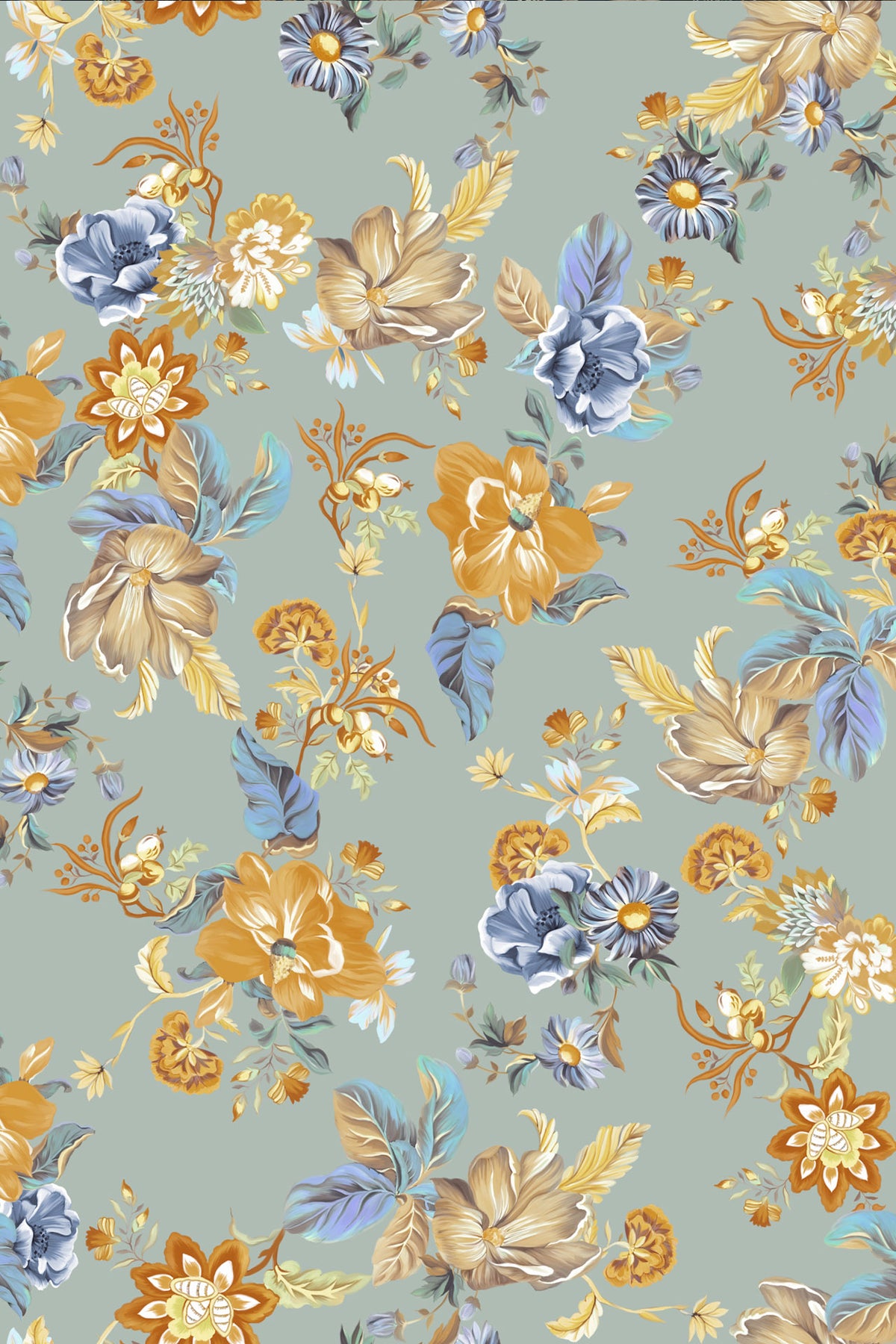 A repeating floral pattern on a muted sage green background, featuring large cream and mustard flowers, blue blossoms, and soft blue-green leaves.